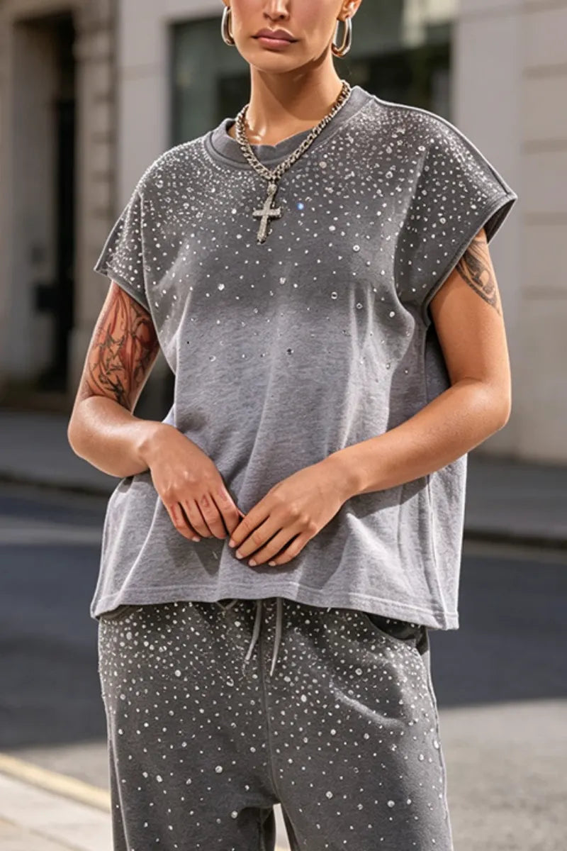 Women's Round Neck Rhinestone Gradient Top+ Pants Casual Suit