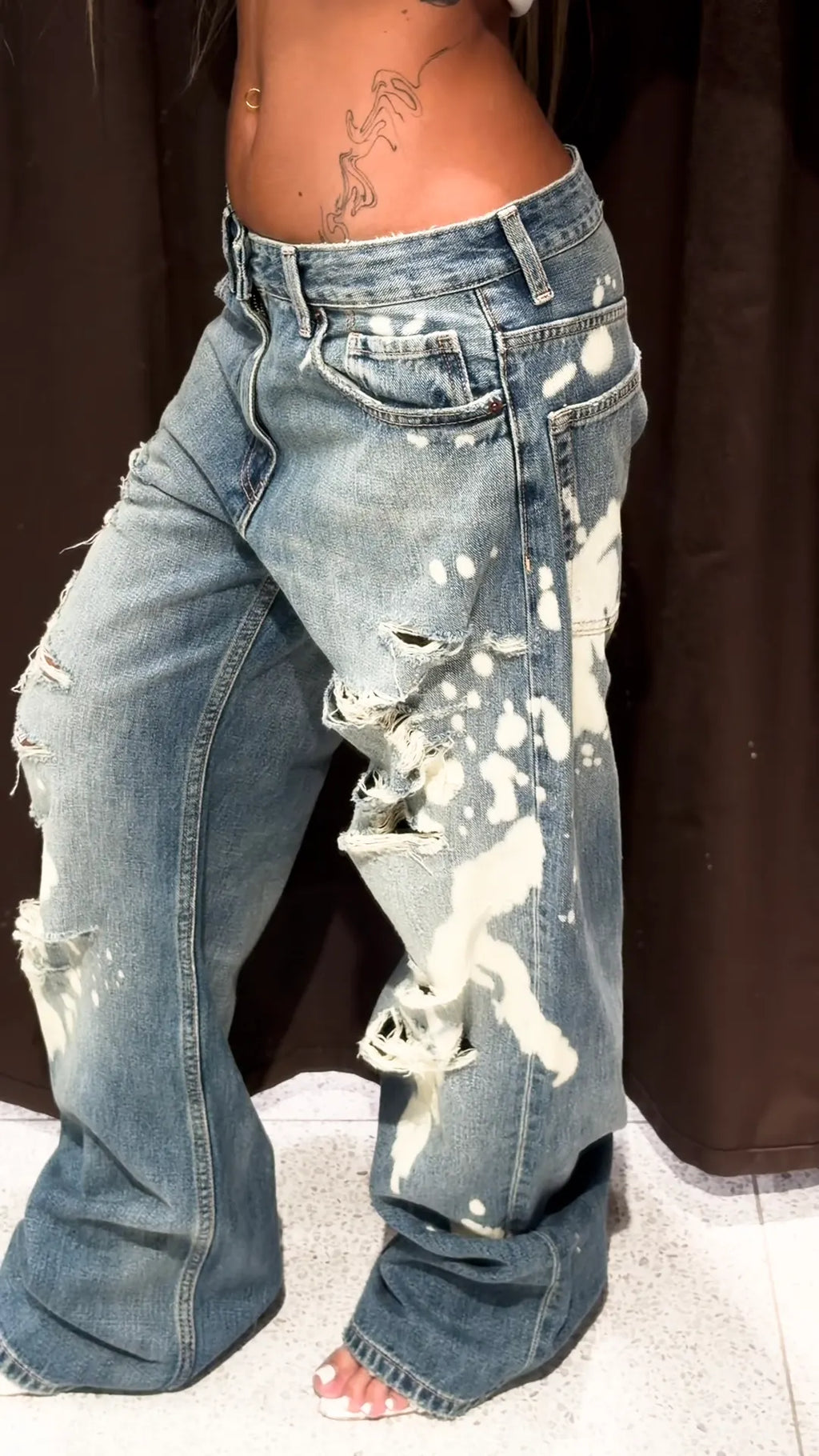 Bleach Splash Ripped Wide Leg Denim Jeans