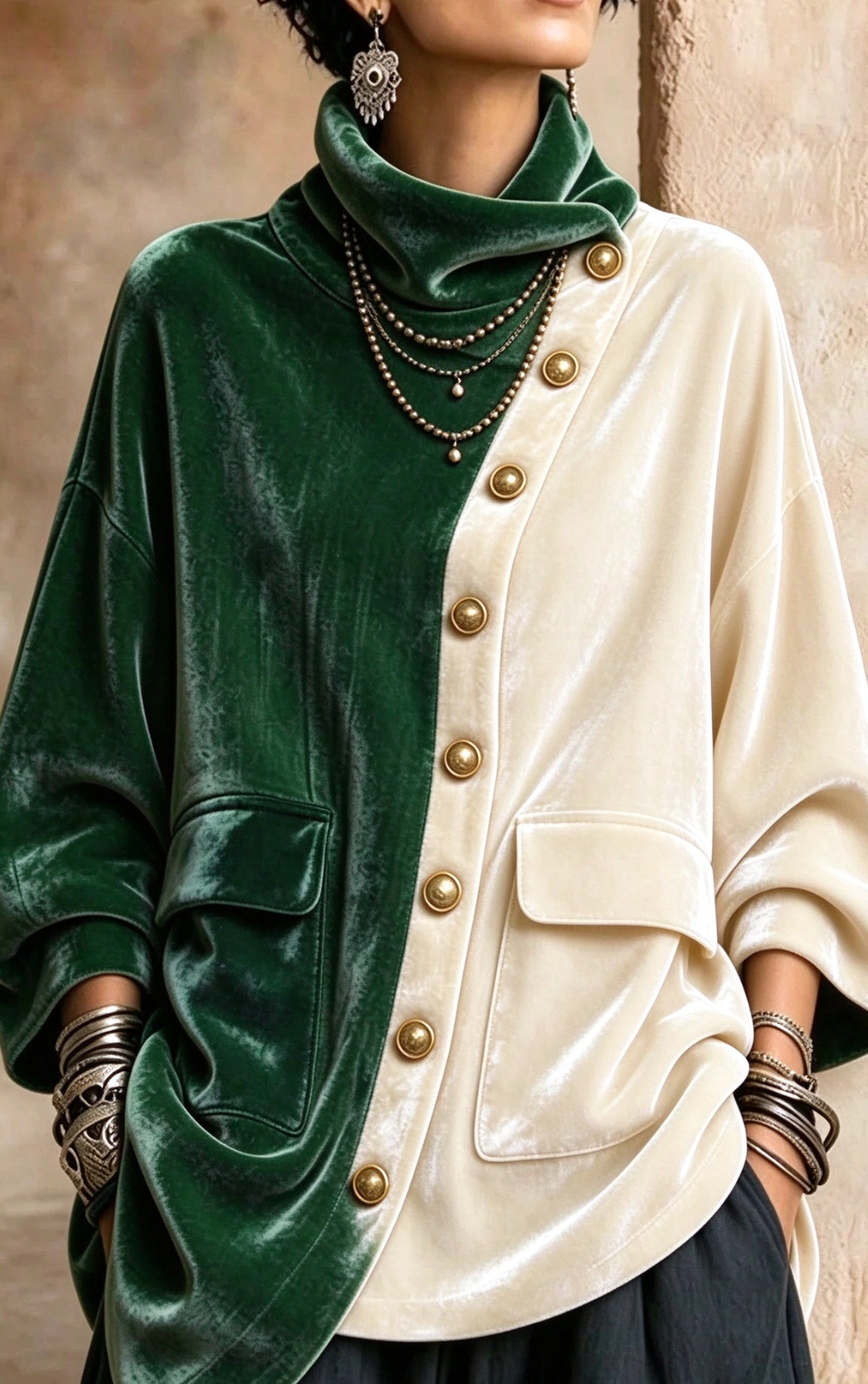 🤲LAST DAY SAVE 49% ⏰Vintage Velvet Color Block Cowl Neck Jacket