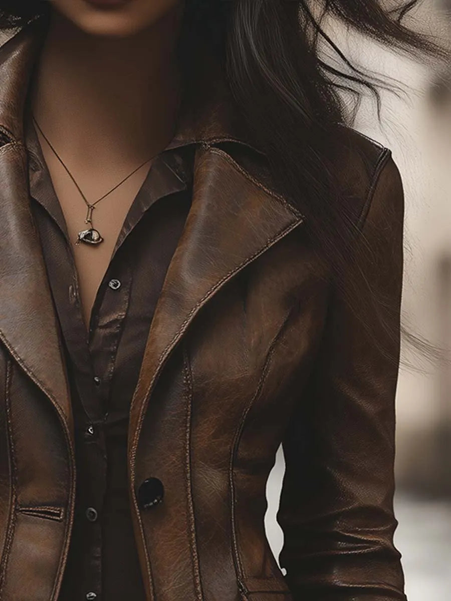 Women's Vintage Lapel Pocket Faux Leather Jacket