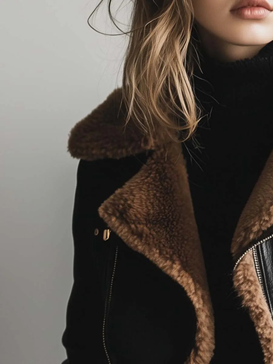 Women's Vintage Fur Collar Contrast Faux Leather Jacket