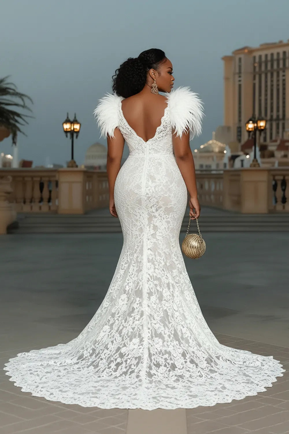 Fluffy Patchwork Fitted Mermaid Gowns Lace Maxi Dresses-White