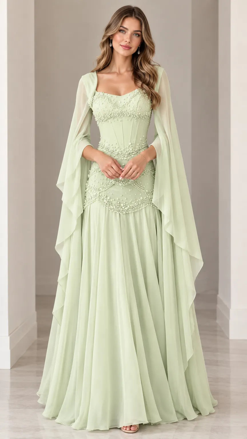 Embellished Pearl Bodice Cape Sleeve Evening Gown