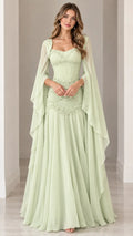 Embellished Pearl Bodice Cape Sleeve Evening Gown