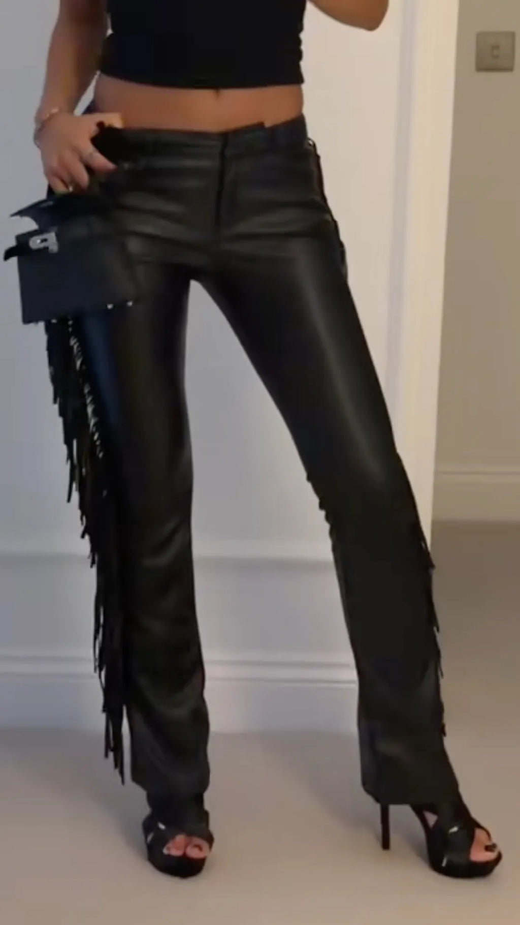Black Fringe Faux Leather Flare Pants
