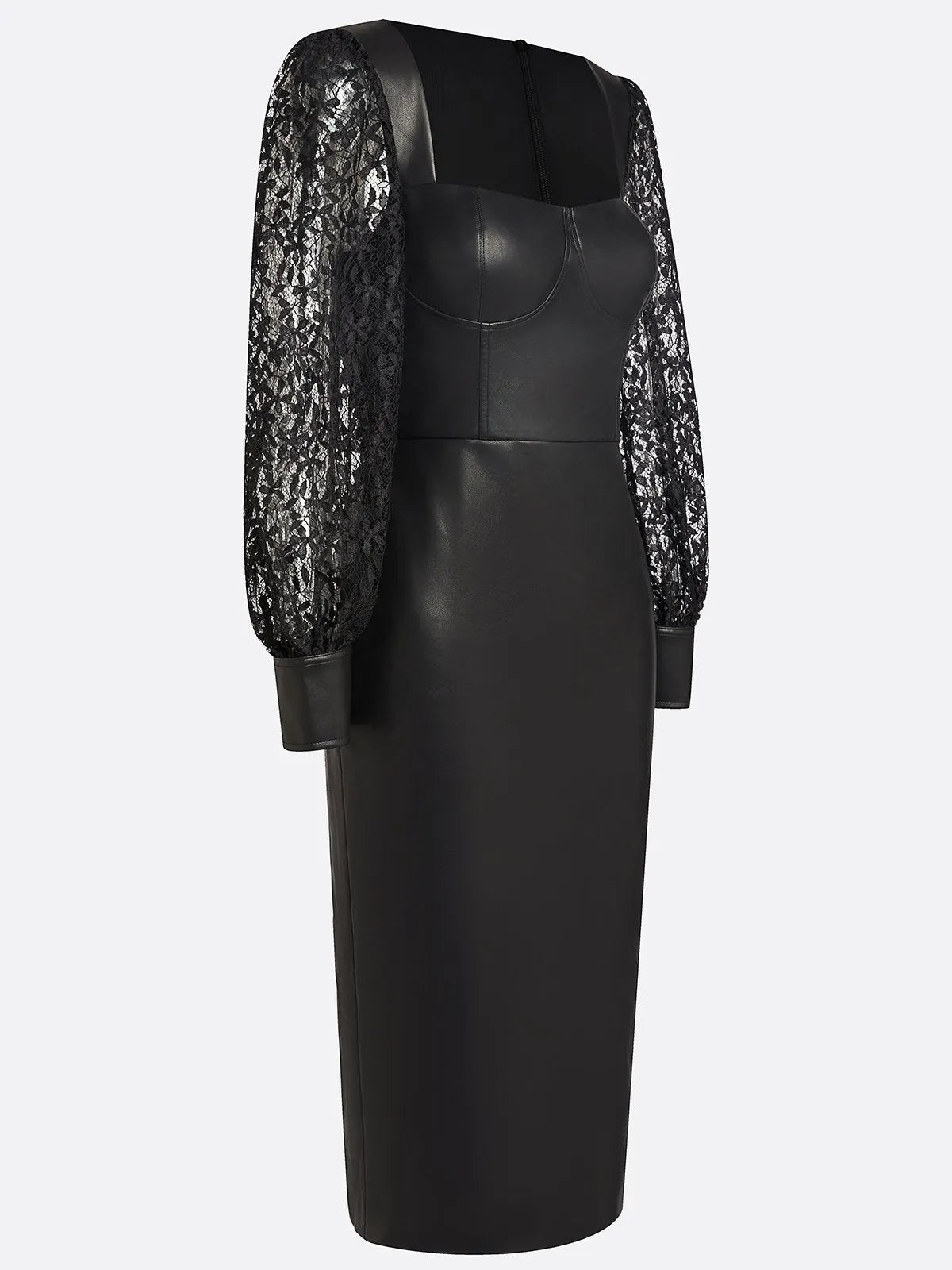 Black Lace Faux Leather Square Neck Long Sleeve Balloon Sleeve Sheath Midi Dress