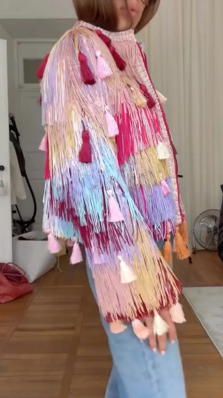 Colorful Tassel Fringe Zip‑Up Boho Jacket