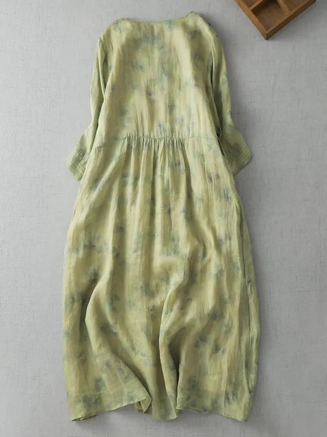 Printed V-Neck Minimalist Thin Linen A-Line Dress