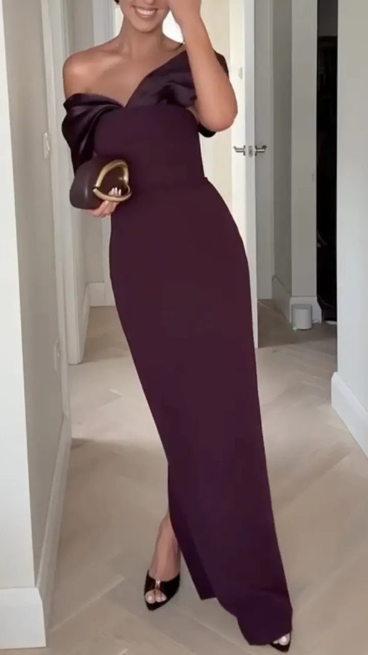 Off Shoulder Satin Midi Formal Dress