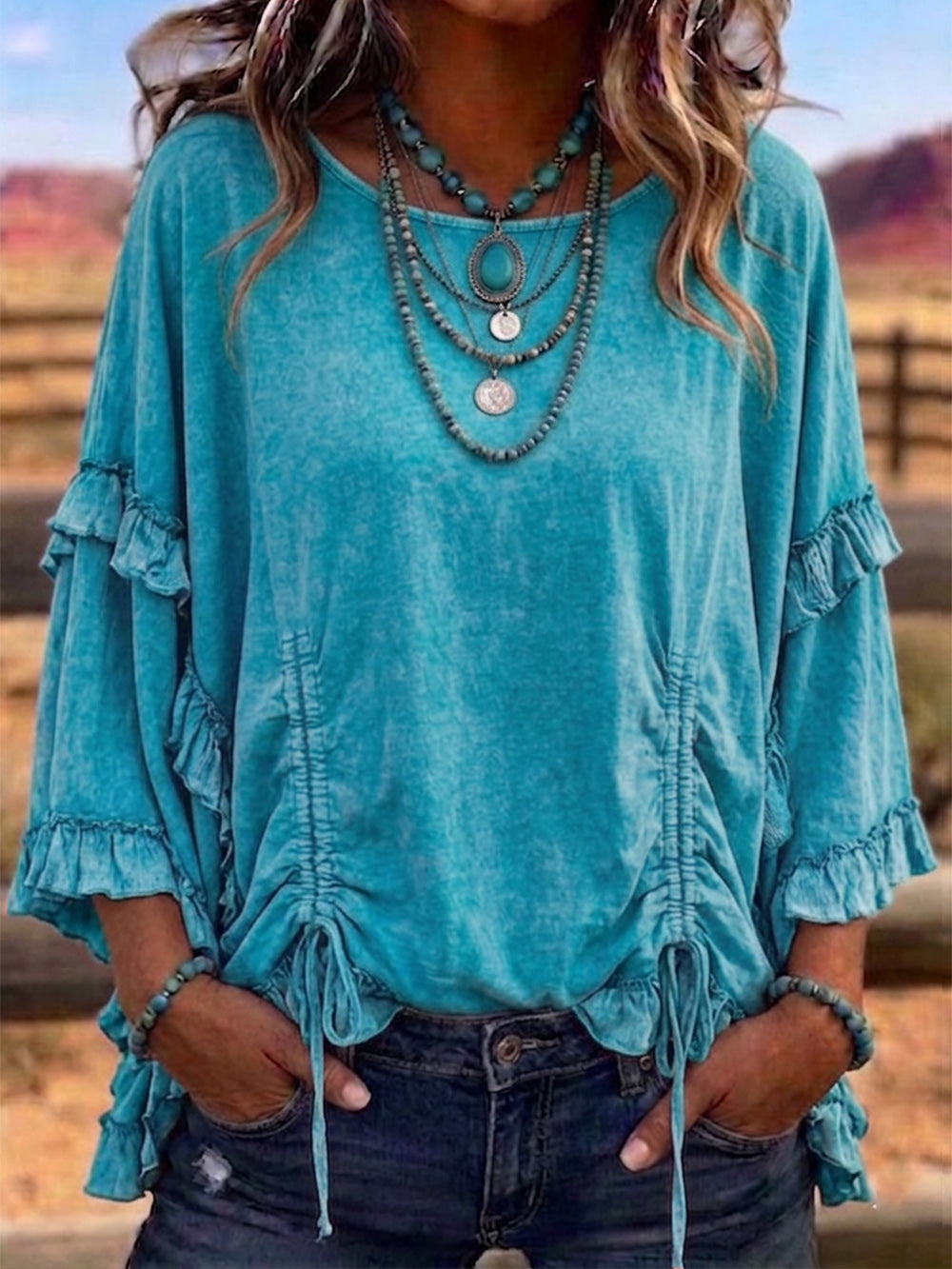 Women's Casual Top With Ruffled Trim And Drawstring Design