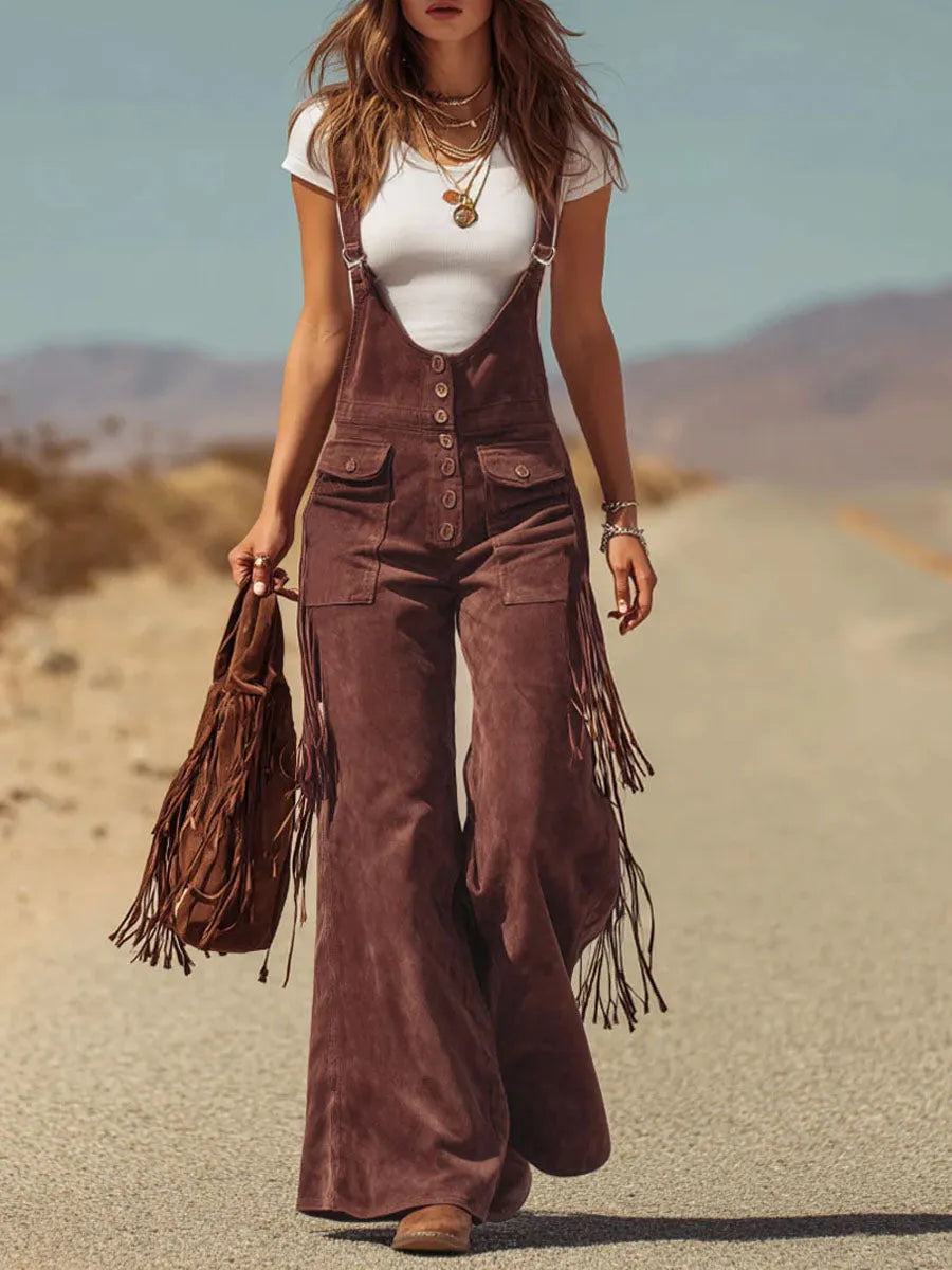 Brown Micro-suede Pocket Tassel Wide-leg Overalls