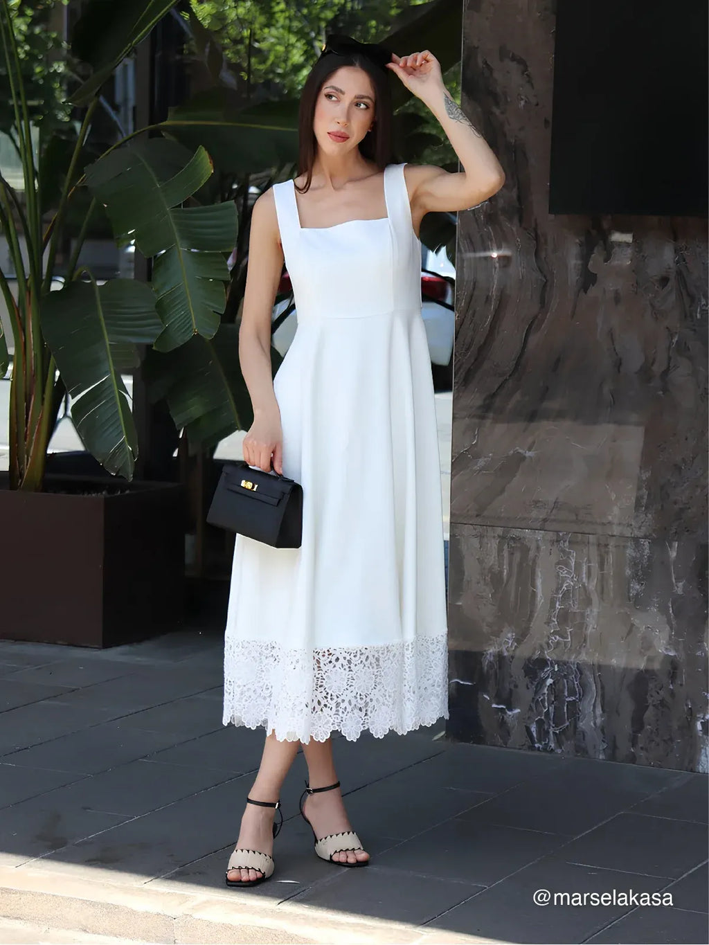 White Lace Classic Square Neck Sleeveless A-Line Maxi Dress