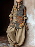 Bohemian-print Linen And Cotton Shirt And Pants Two-piece Set
