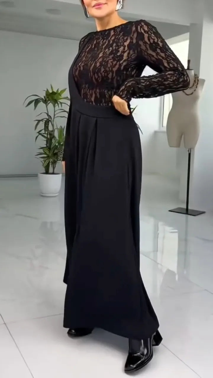 Lace Long Sleeve Suspender Pleated Maxi Dress