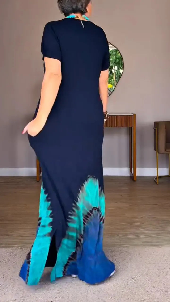 Tie‑Dye V‑Neck Maxi Dress