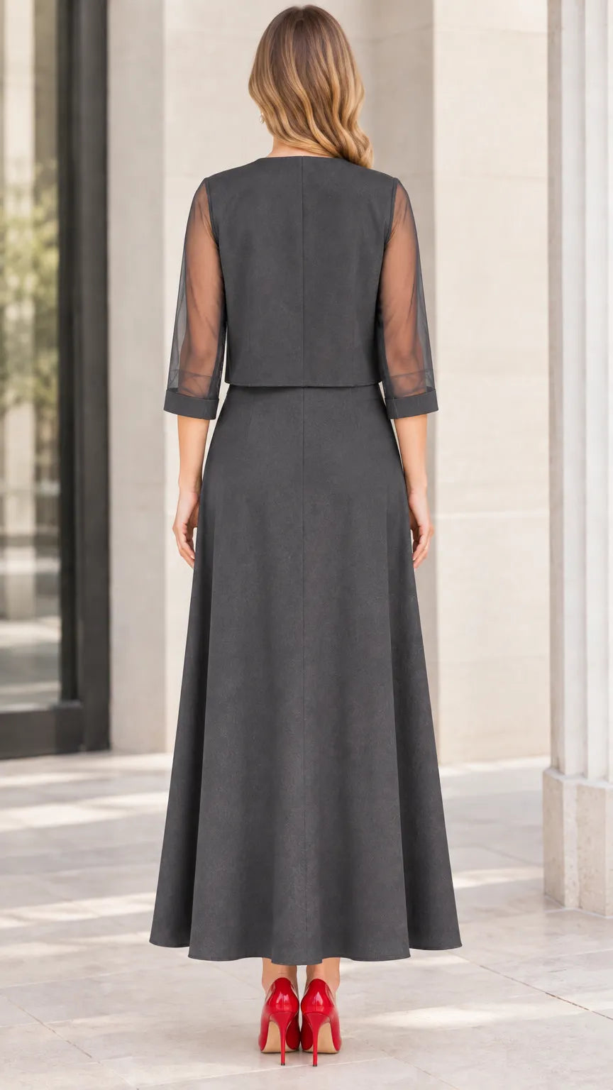 Floral Applique Two-Piece Maxi Dress Set with Sheer Sleeve Bolero Jacket