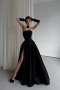Black Strapless Sleeveless Long Split Pleated Prom Dress With Gloves YS0021
