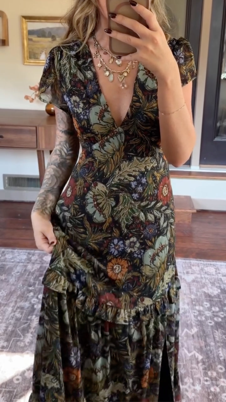 Floral V Neck Short Sleeve Tiered Maxi Dress