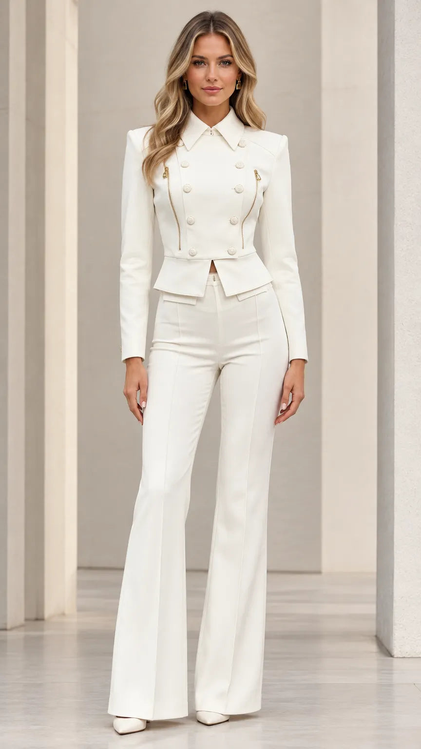 Women's Cropped Double-Breasted Blazer and Flare Pants 2-Piece Suit Set