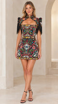 Embroidered Cutout Beaded Fringe Mini Dress with High Neck