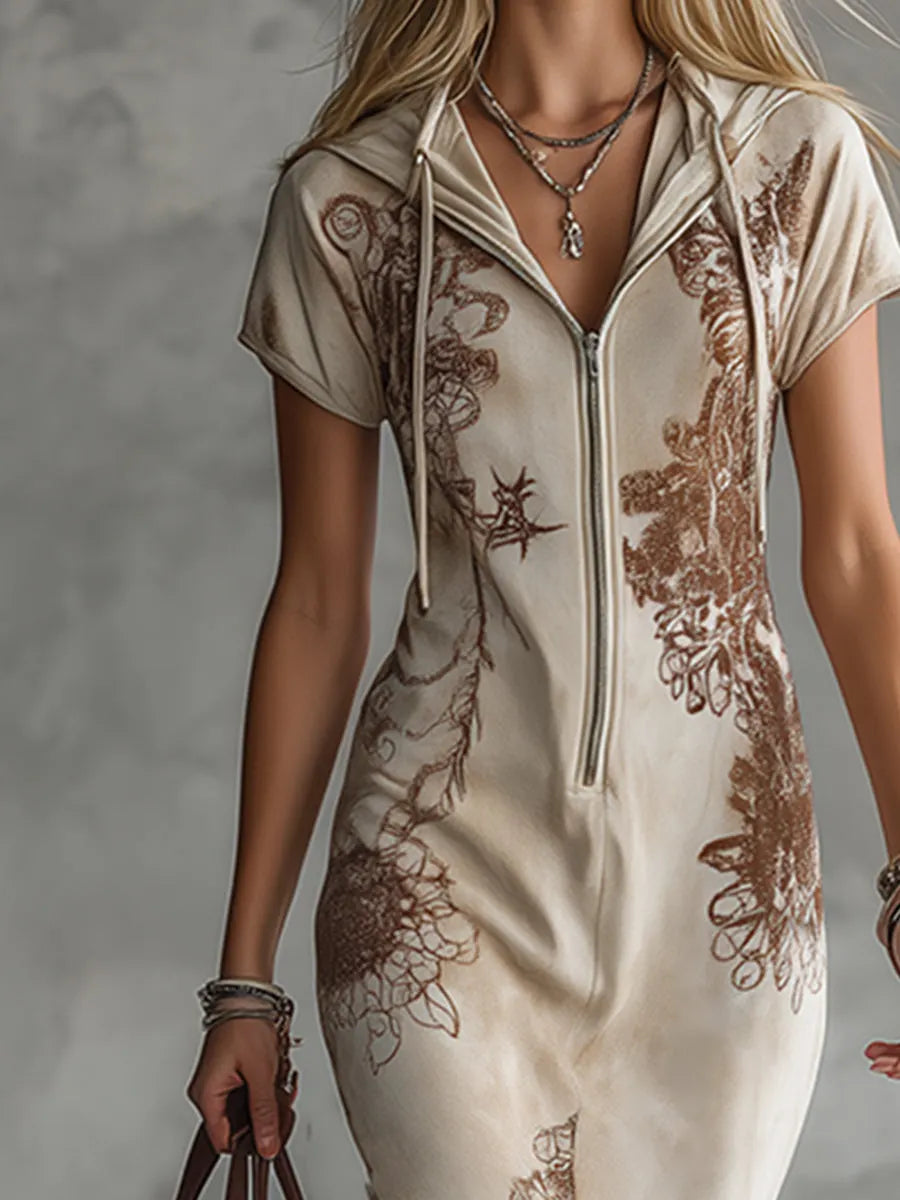 Elegant Vintage-print Off-white Faux Suede Hooded Maxi Dress