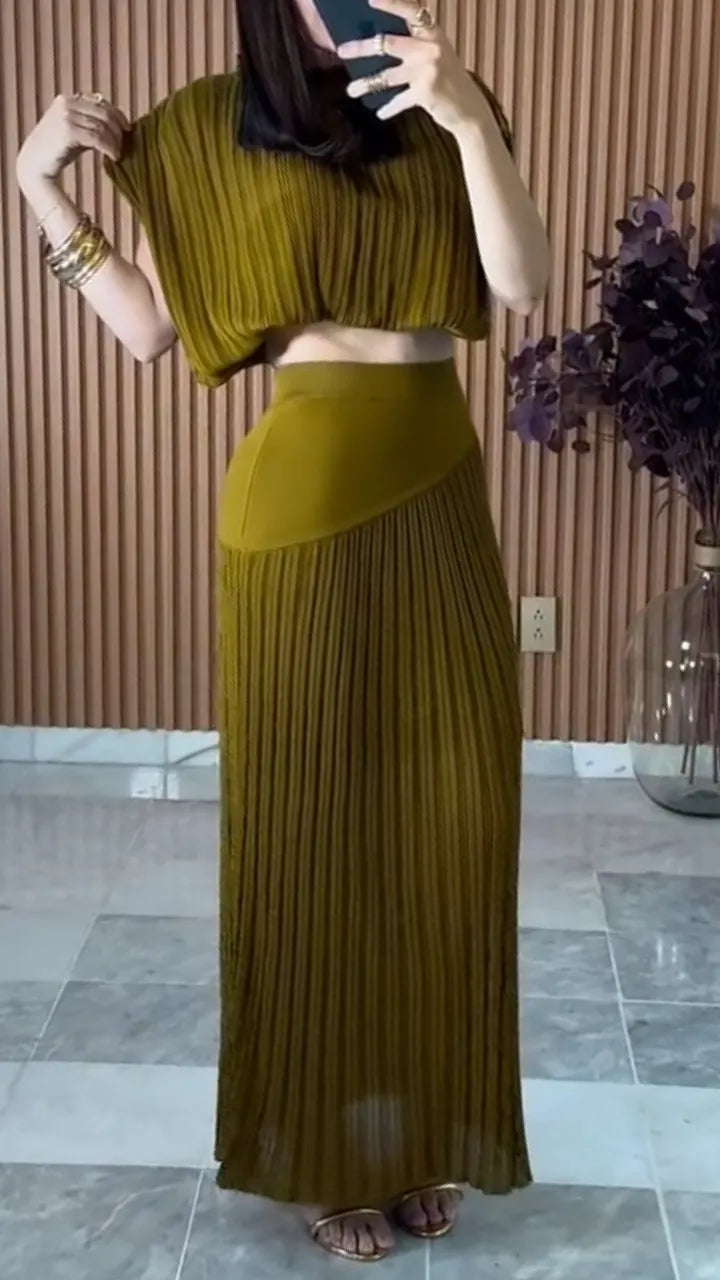 Olive Green Pleated Crop Top And Maxi Skirt Two Piece Set
