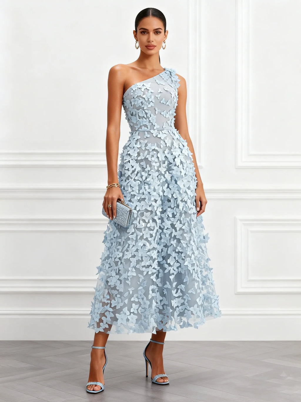 Light Blue 3D Floral Classic One Shoulder Sleeveless A-Line Midi Dress