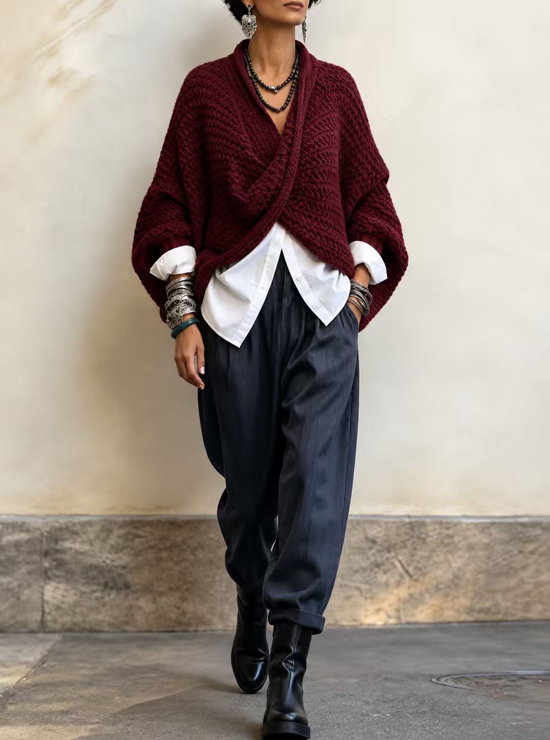 🤲LAST DAY SAVE 49% ⏰Cozy Relaxed Batwing Sleeves Crossover V-neck Sweater