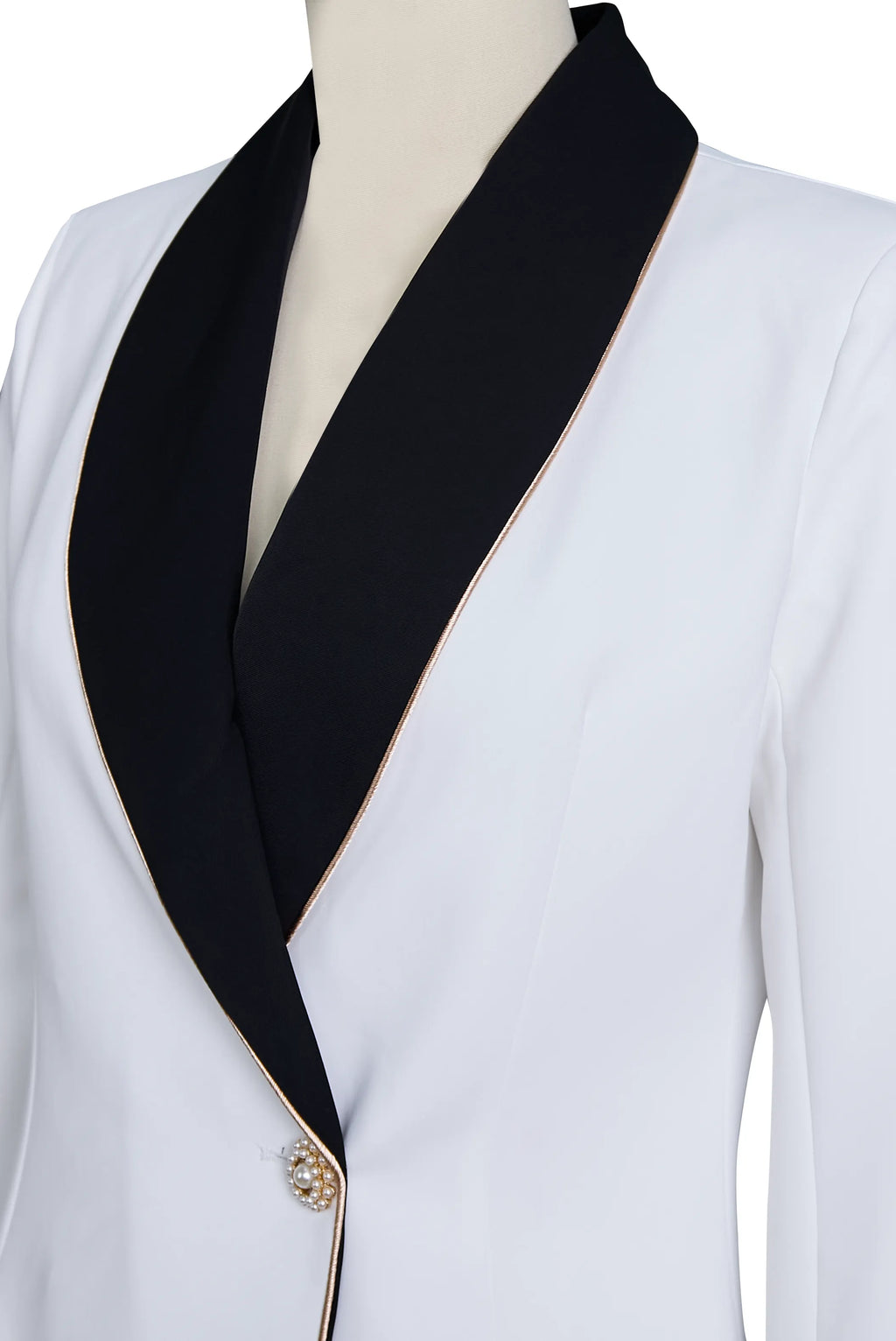 Elegant Asymmetrical White Blazer with Black Contrast Lapels