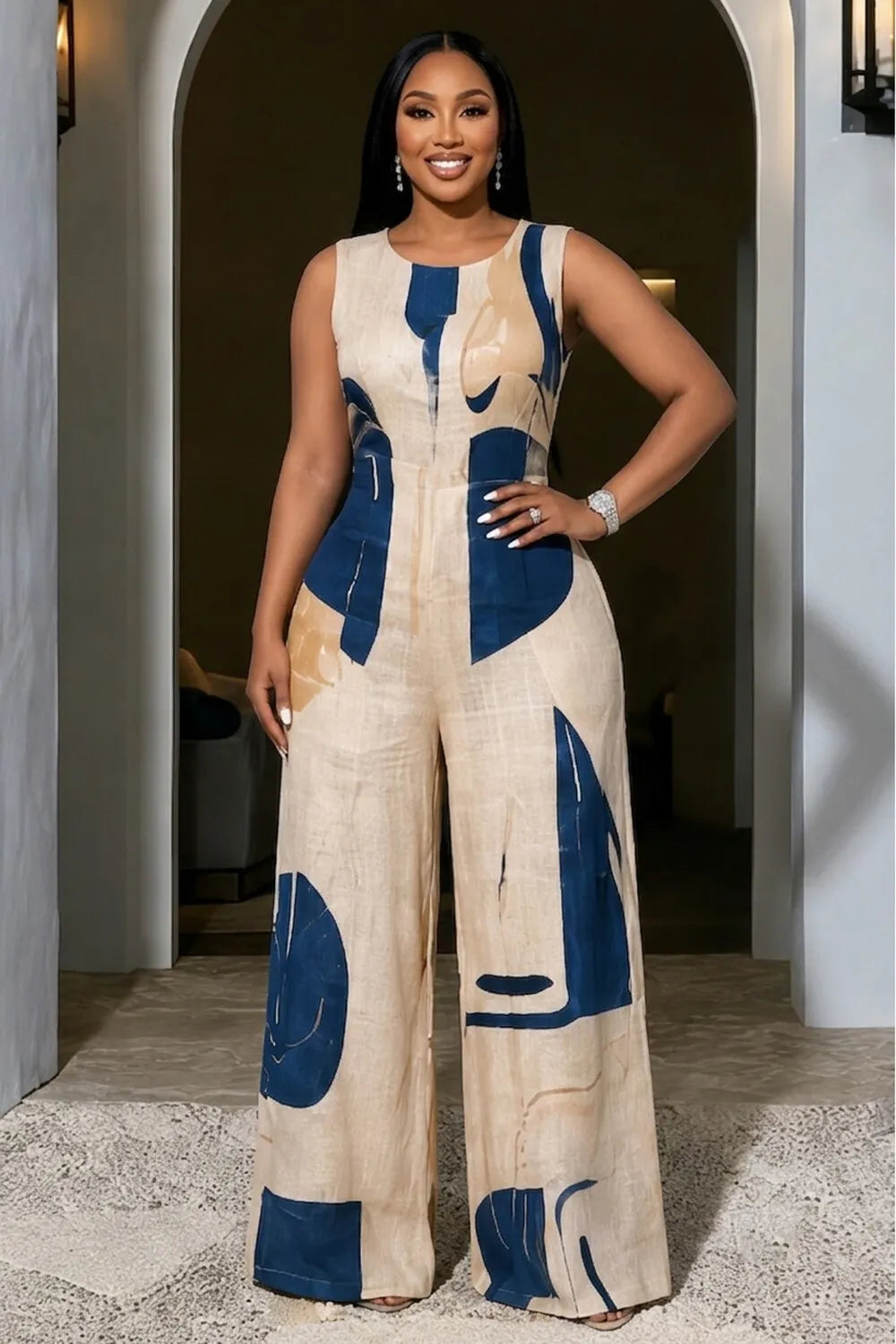 Abstract Print Round Neck Wide Leg Casual Jumpsuit-Apricot [Pre Order]