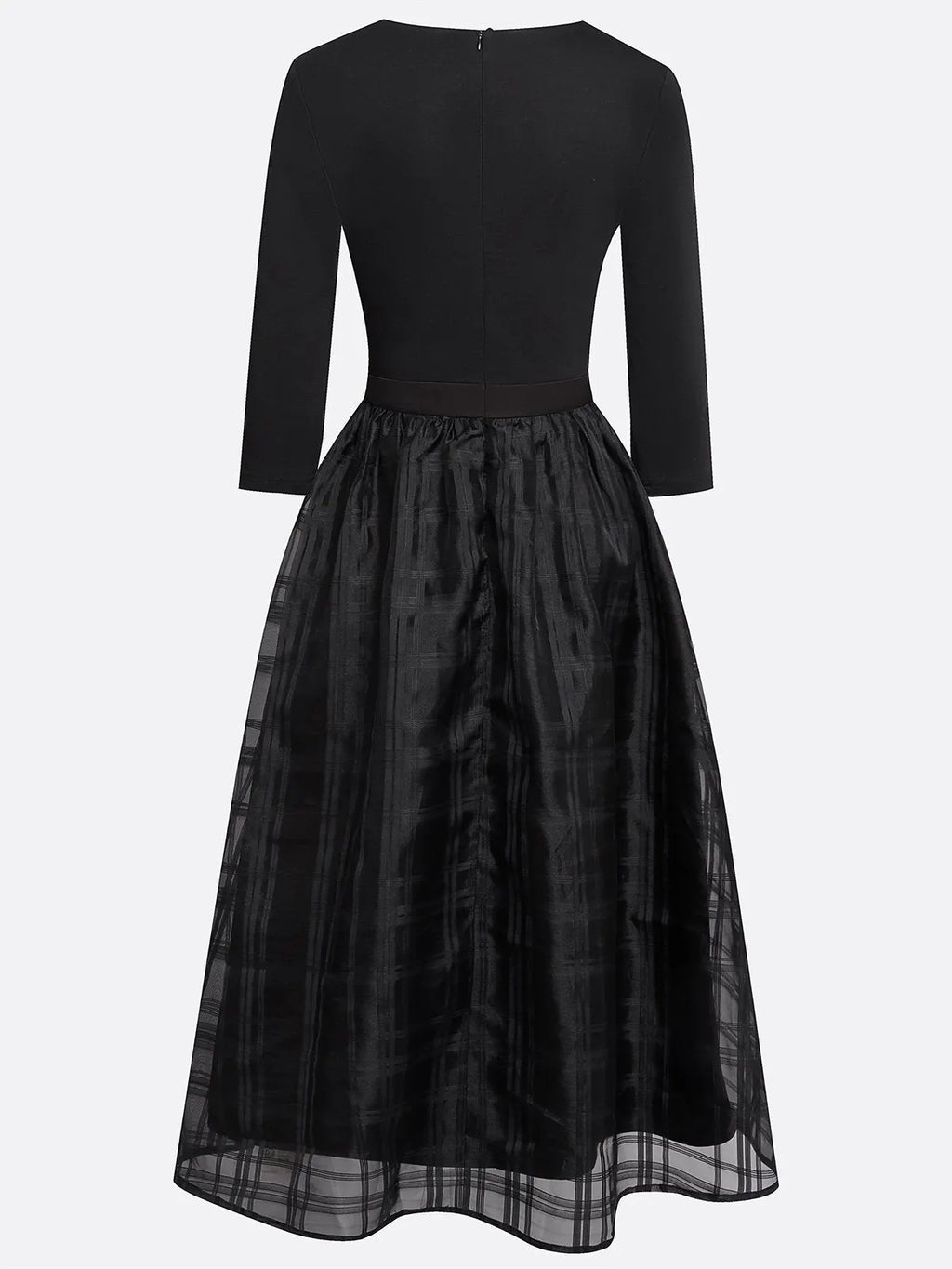 Black Organza Knit Crew Neck Half Sleeve A-Line Midi Dress