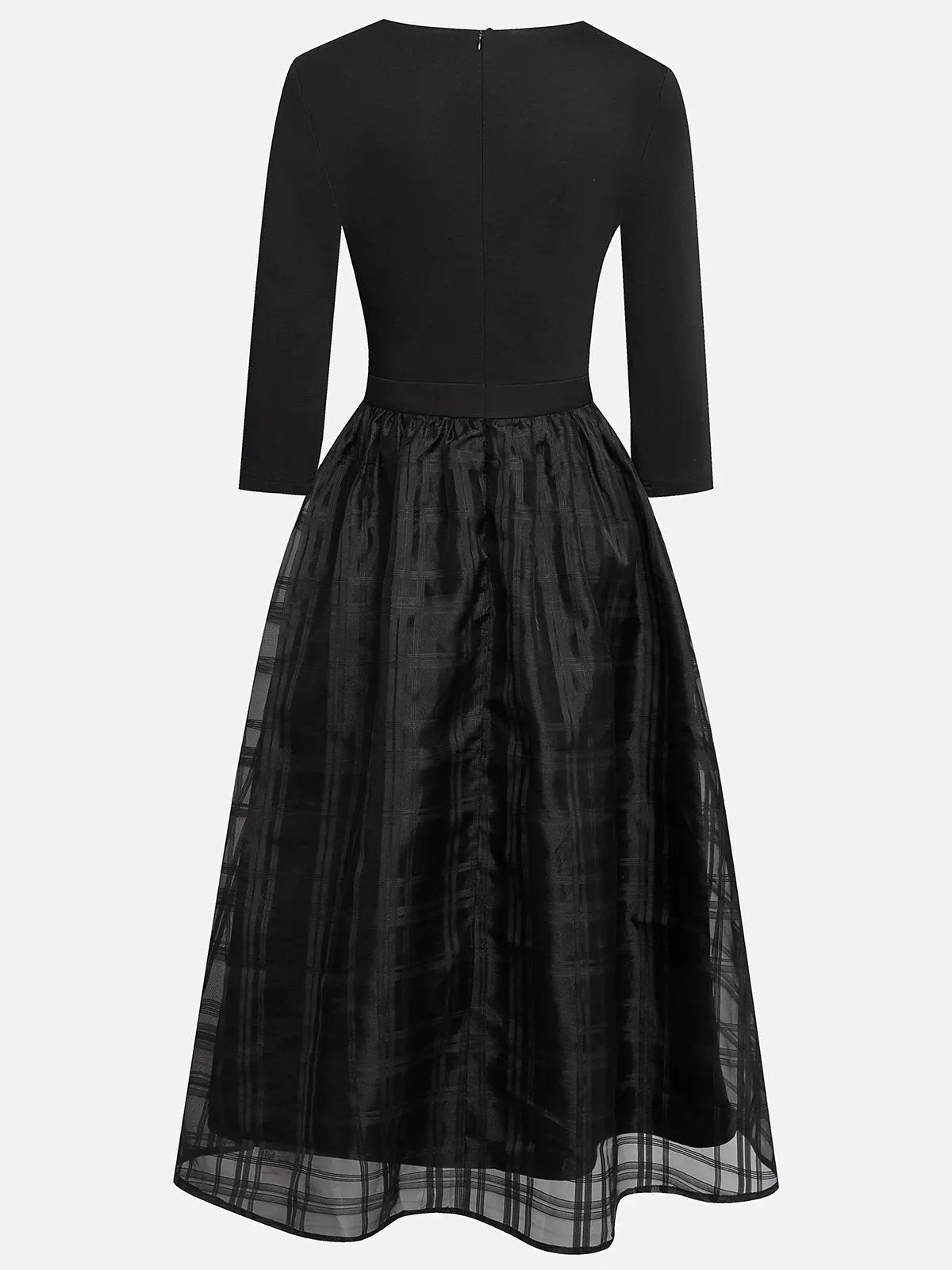 Black Organza Knit Crew Neck Half Sleeve A-Line Midi Dress