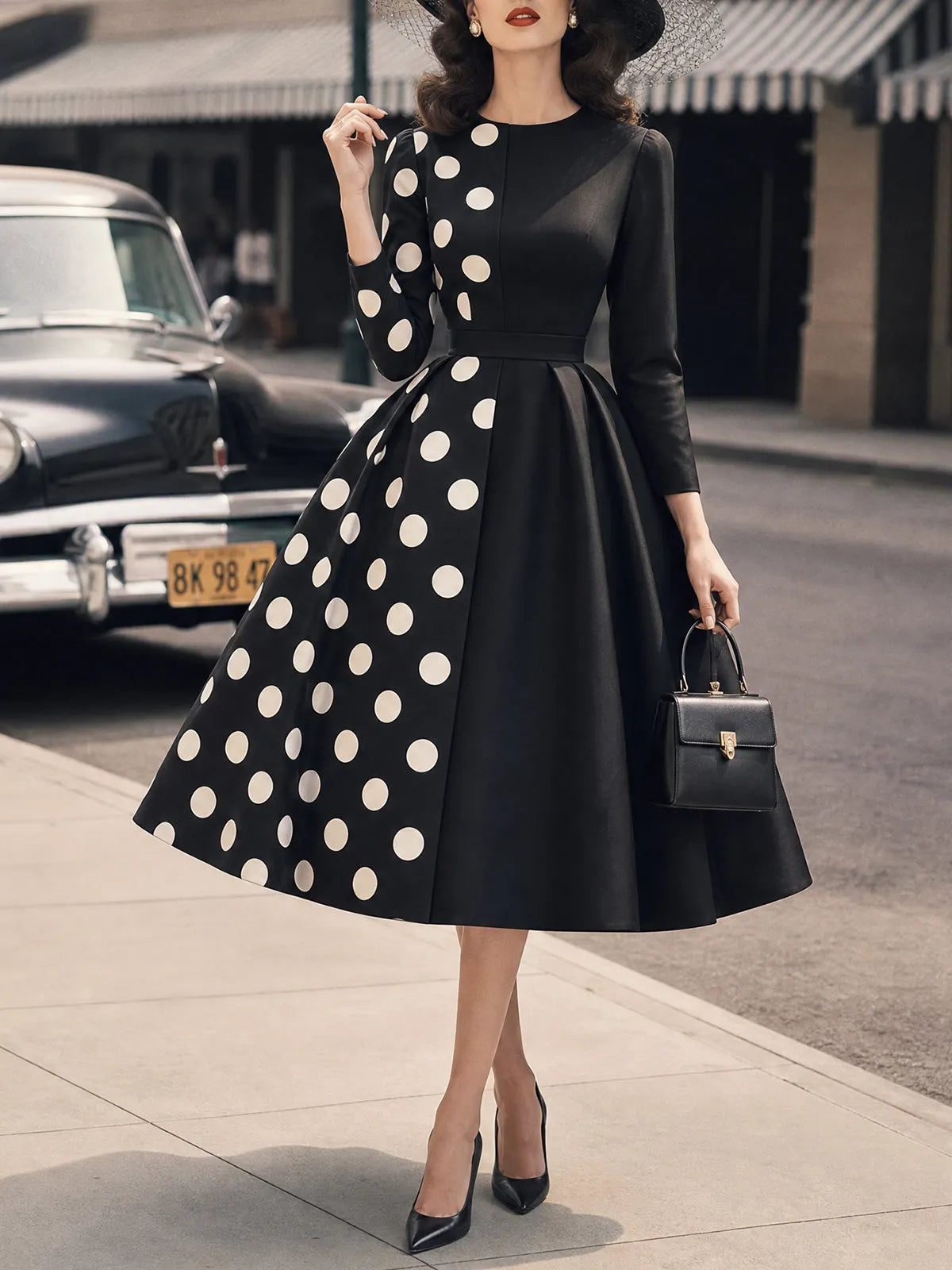 Vintage Black White Polka-Dot Panel A-Line Midi Dress