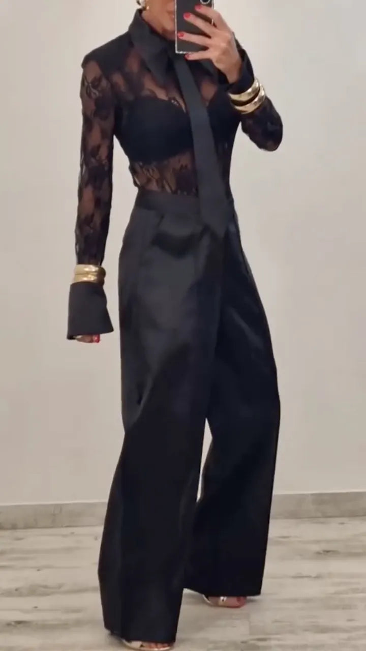 Black Floral Lace Shirt and Wide-Leg Pants Set