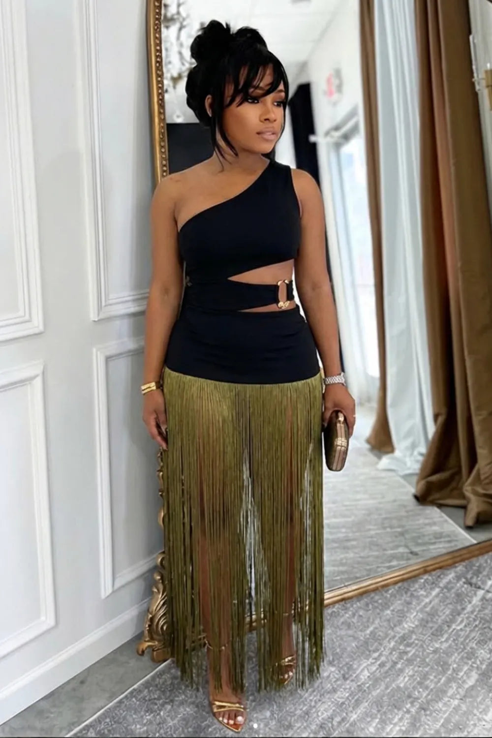 One Shoulder Cut Out Colorblock Fringe Party Maxi Dresses-Black