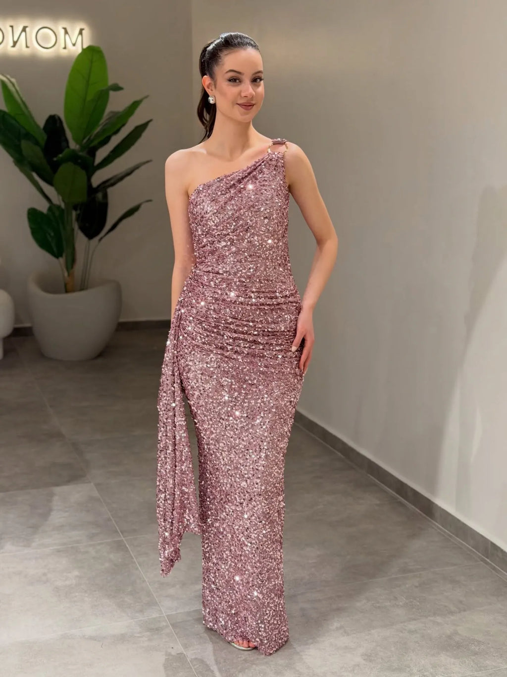 Cocoslly One Shoulder Sleeveless High Waist Long Mermaid Prom Dress With Rhinstone | Dusty Rose Sequins CO0172