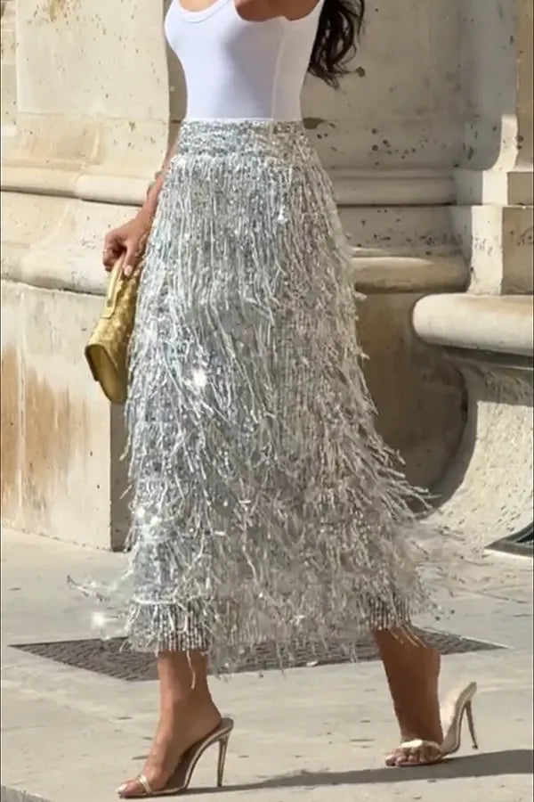 Evening Charm Layered Sequined Tassels High Rise Back Zipper Slit Midi Skirt