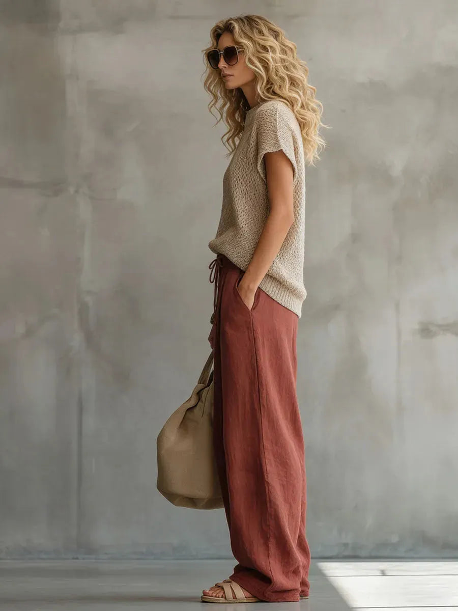 Retro Brick Red Cotton and Linen Wide-leg Pants