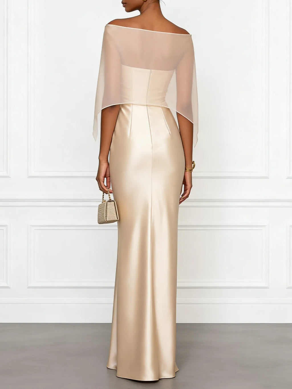 Champagne 3D Floral Satin Boat Neck Short Sleeve Sheath Gown Dress with Capelet