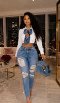 Cropped Shirt With Denim Bow Tie And Ripped Skinny Jeans Two Piece Set