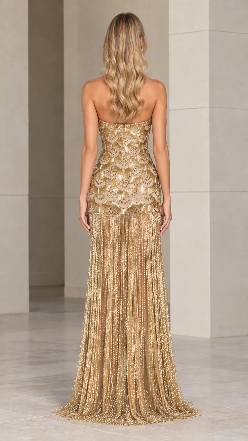 Strapless Scallop Sequin Beaded Fringe High Slit Evening Maxi Dress