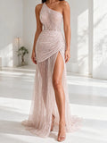 One Shoulder Sequin Beaded High Slit Evening Gown