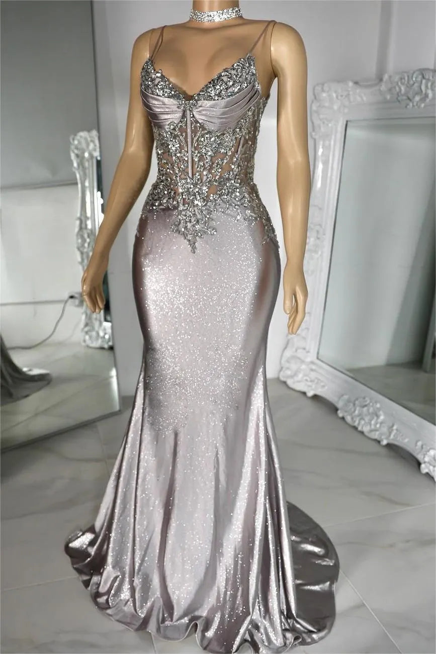 Cocoslly Spaghetti Straps Sleeveless Pleated Mermaid Long Prom Dress With Beaded Appliques | Silver Satin XJ0015