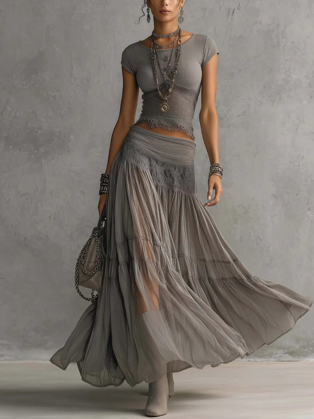 Grey Lace-Paneled Top and Pleated Maxi Skirt Set