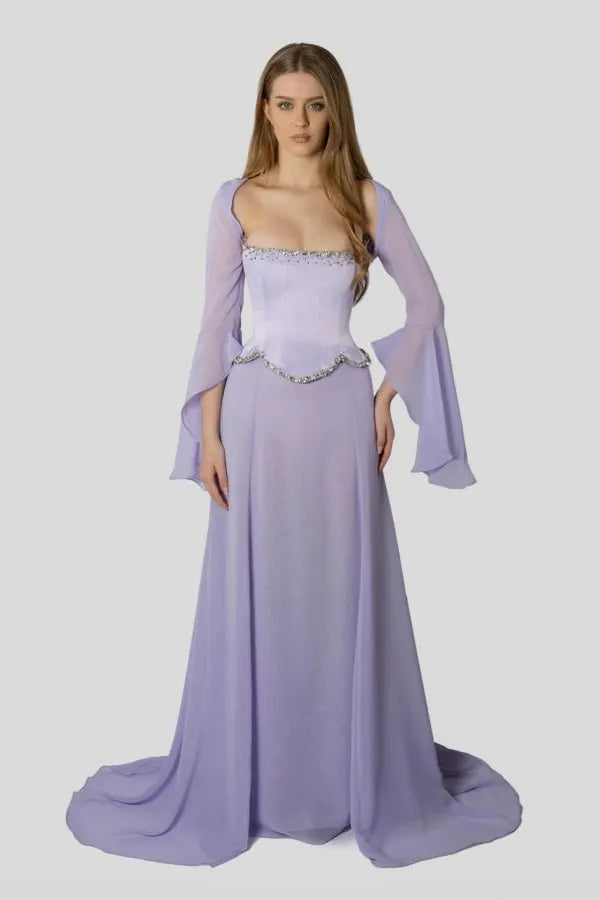 Chiffon Long Sleeves Long Mermaid Prom Dress With Beading Pleated WQ0386