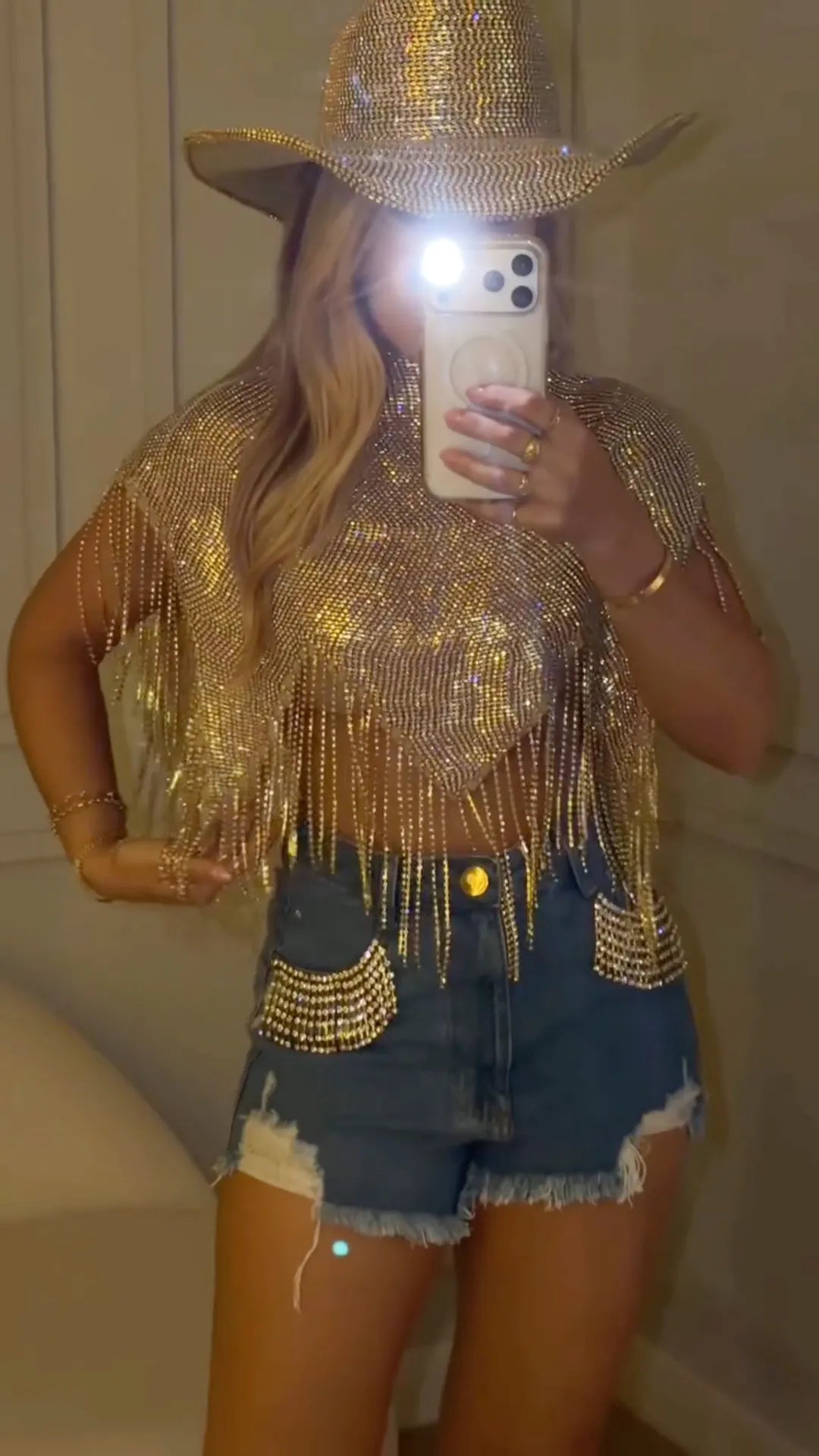 Gold Rhinestone Fringe Top & Ripped Denim Shorts Two‑Piece Set