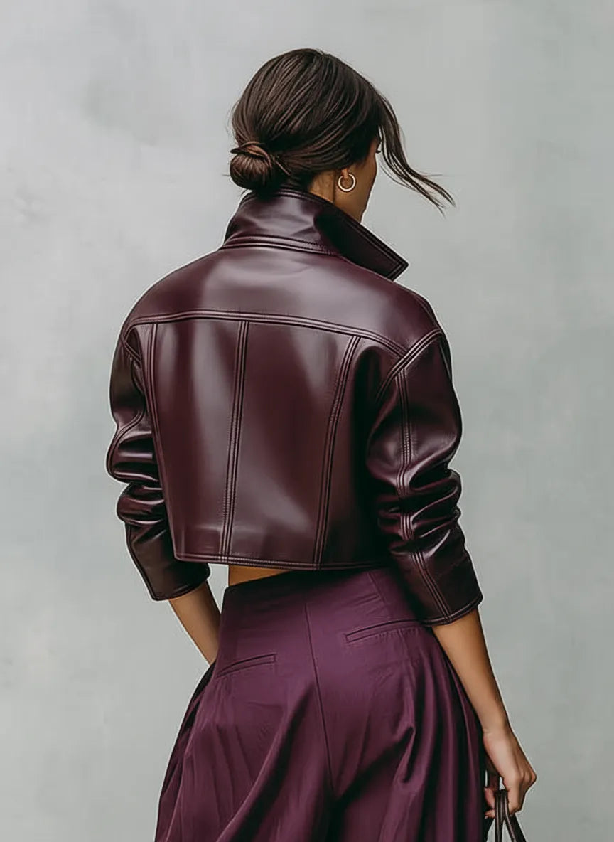 Women's Loose PU Leather Short Double Chest Pocket Jacket MDA1666I2Y