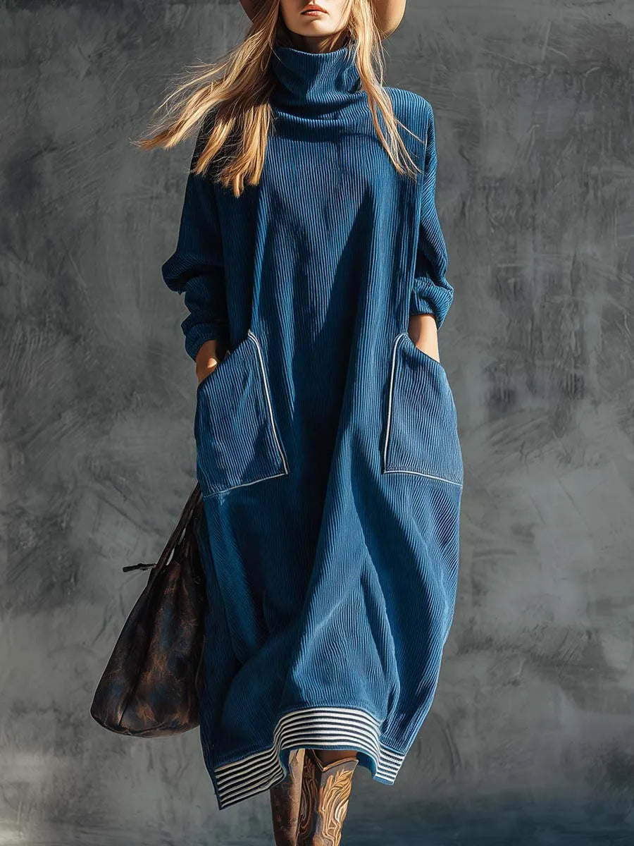 Casual Fashion Vintage High Collar Large Side Pockets Blue Corduroy Midi Dress