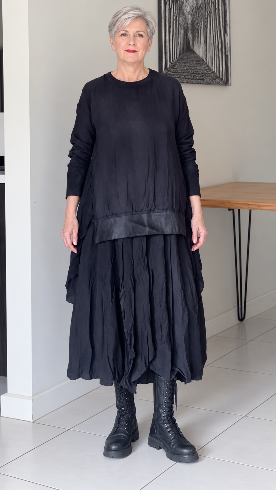 Black Asymmetric Pleated Midi Dress+Tops Set