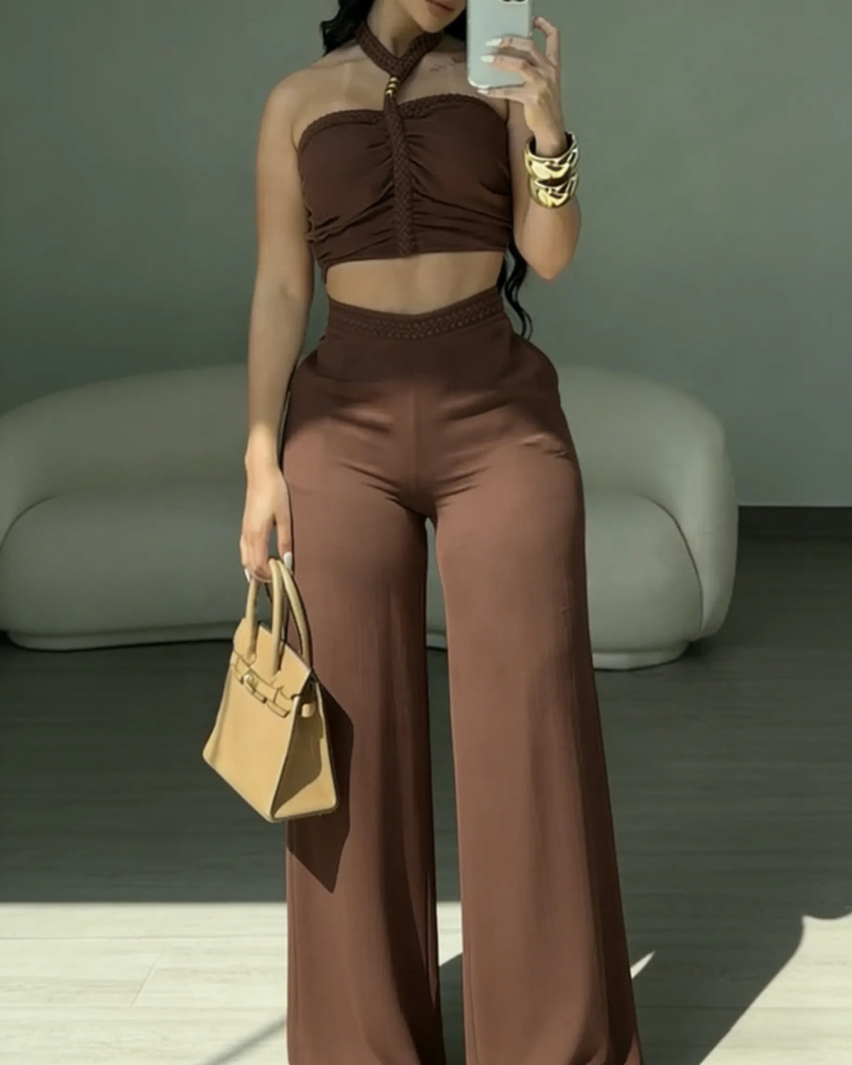 2 Piece Braided Trim Two Piece Outfit with Flared Trousers